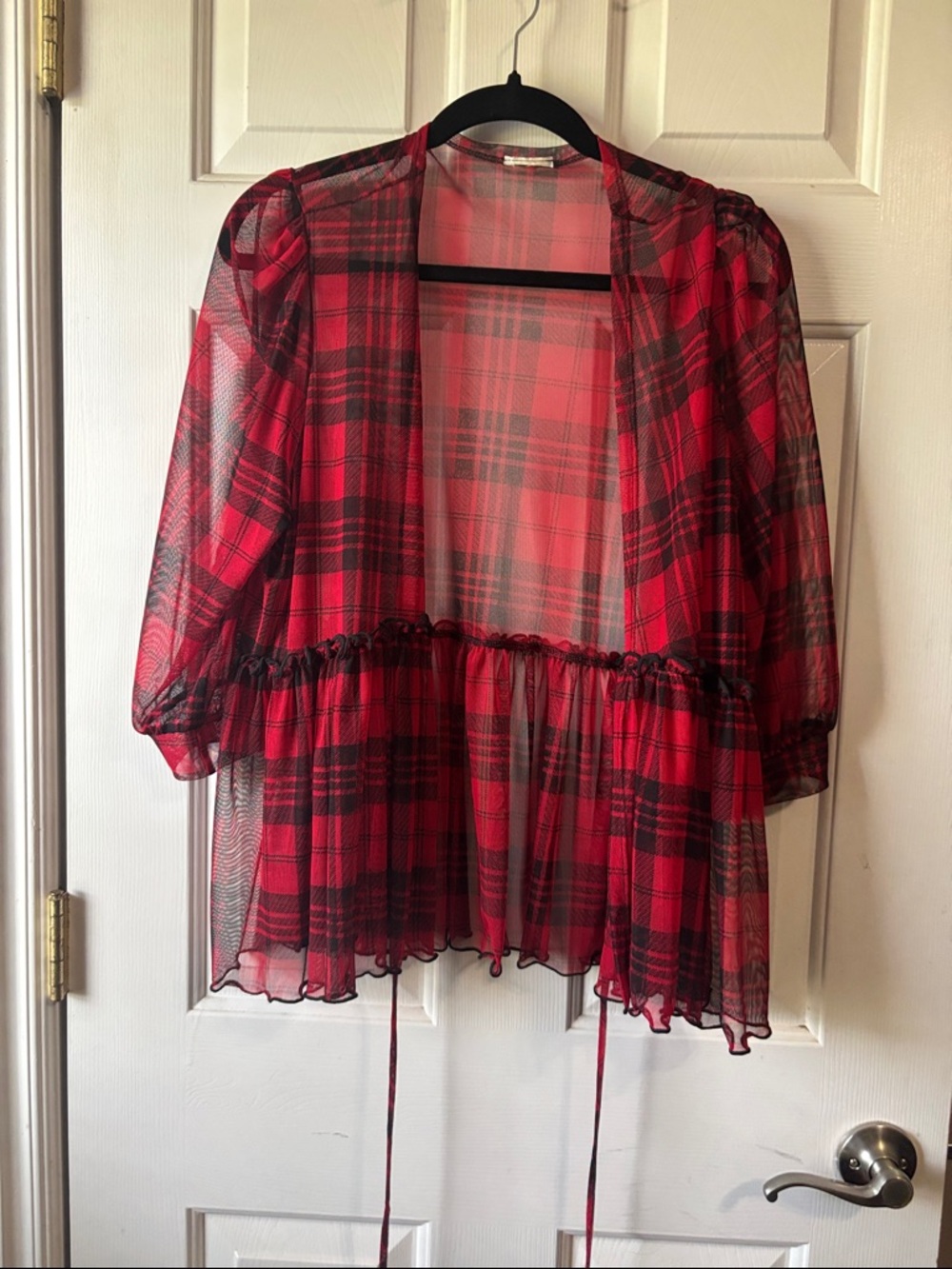 ZADIE B’S: Red Plaid Sheer Peplum Tie-Front Cardigan